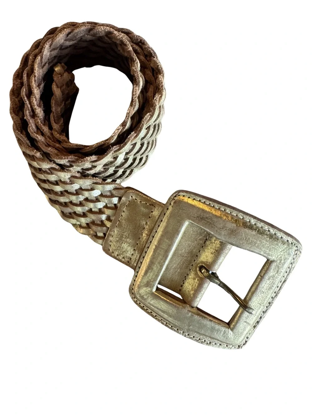 Chico’s Gold Metallic Woven Braided Leather Statement Belt with Square Buckle M